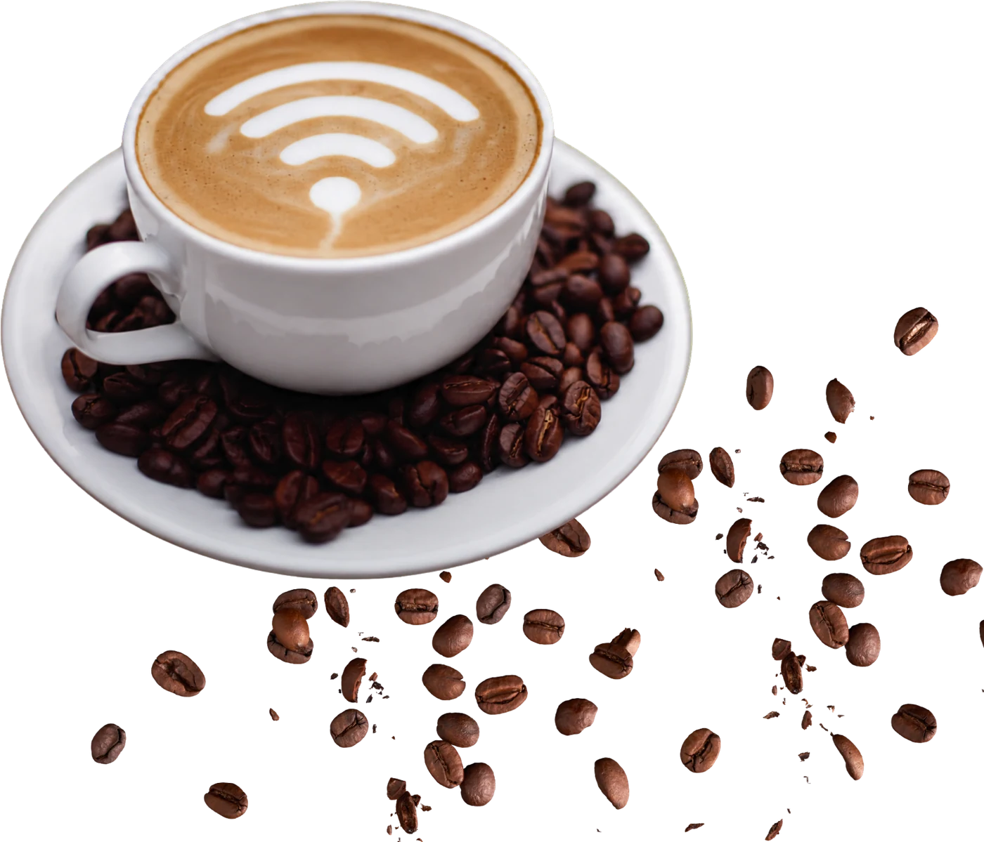 A cappuccino with Wi-Fi-signal latte art, on a saucer with coffee beans trailing across the table