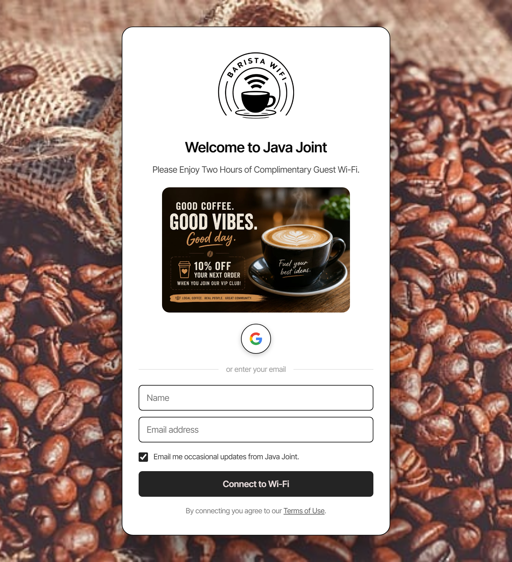 A coffee shop's branded Barista WiFi sign-in screen: logo, a promo, Google sign-in, and an email field.