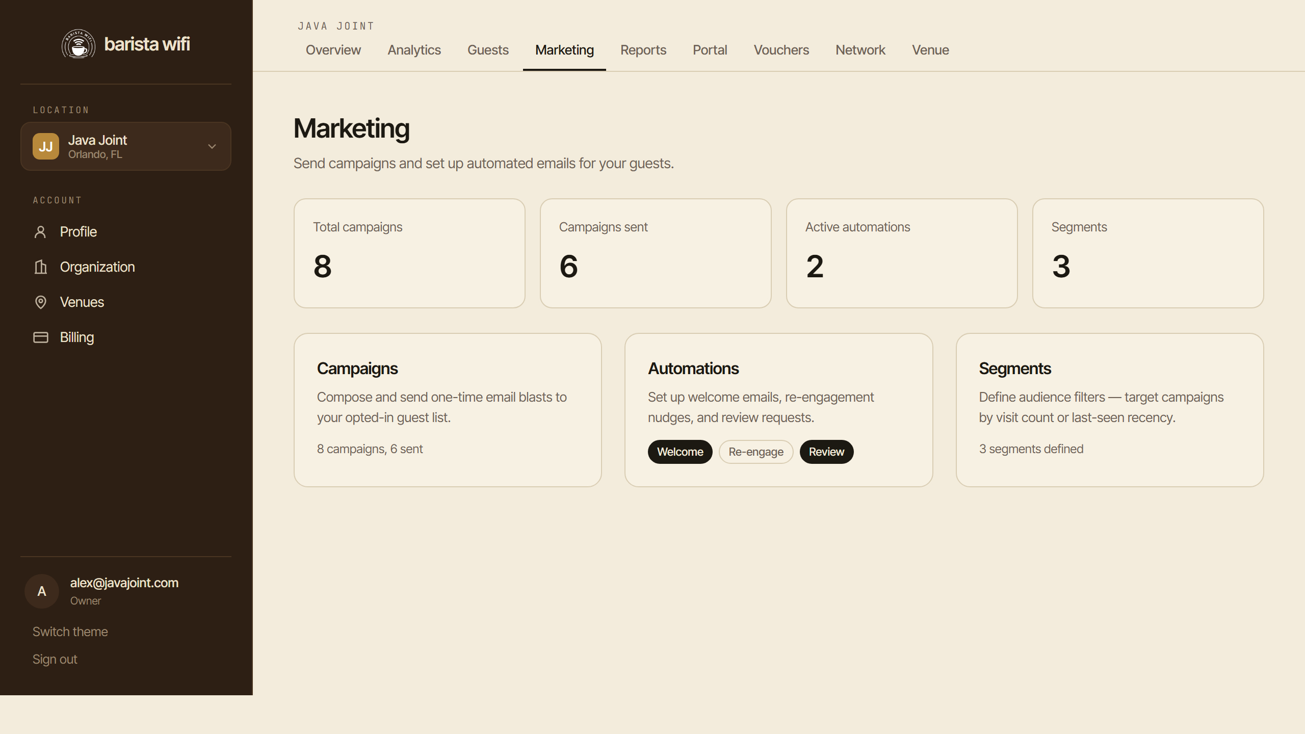 The marketing hub: one-off campaigns, automated welcome and win-back emails, review requests, and customer segments.