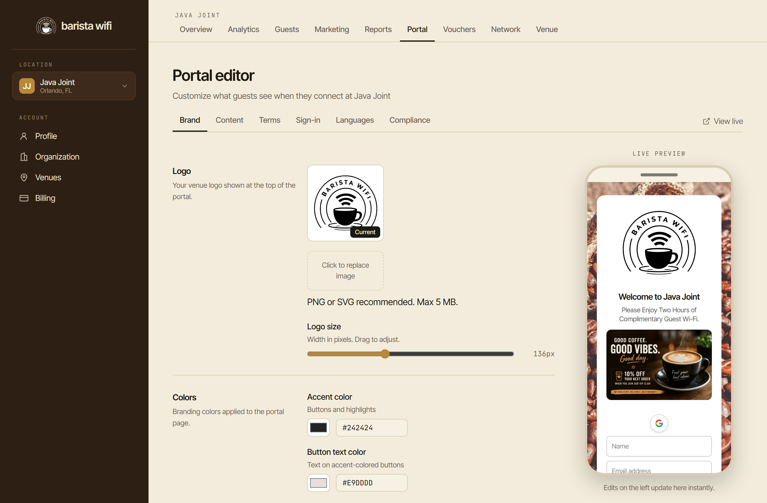 The Barista WiFi portal editor with a live phone preview that updates as you change your logo, colors, and promo.